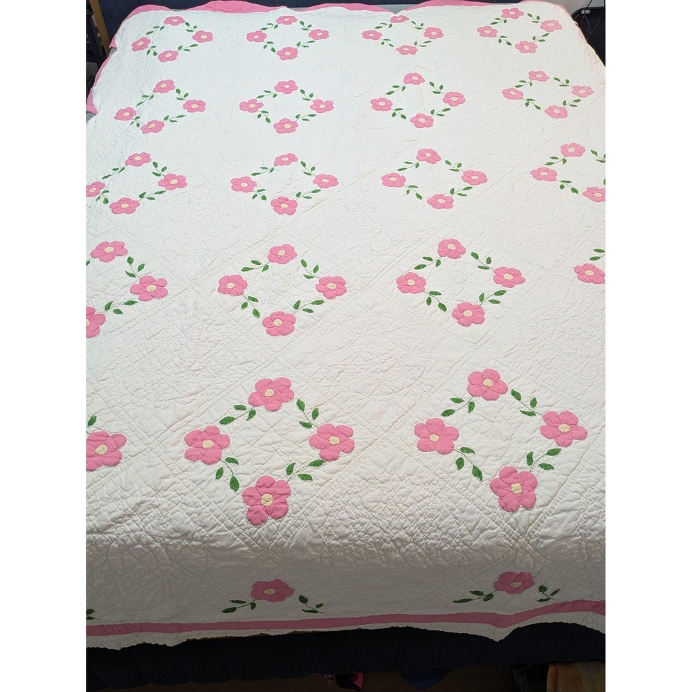 Vintage Handmade Twin Quilt 1932 Pink Floral Embroidered Cottage Chic White